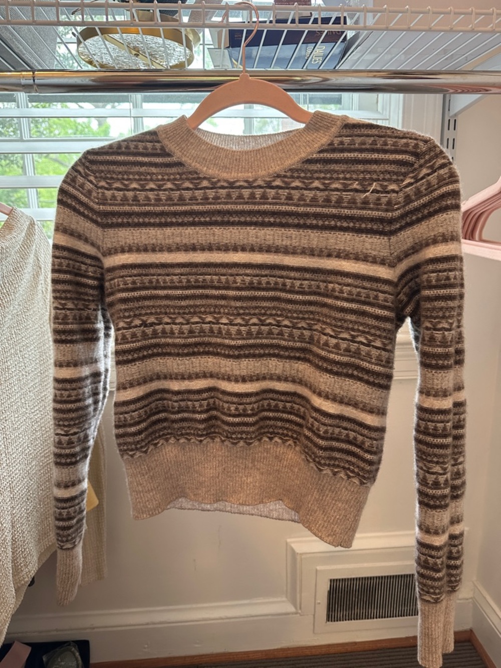 Reformation Cashmere Cream and Brown Striped Fair Isle Crewneck Sweater